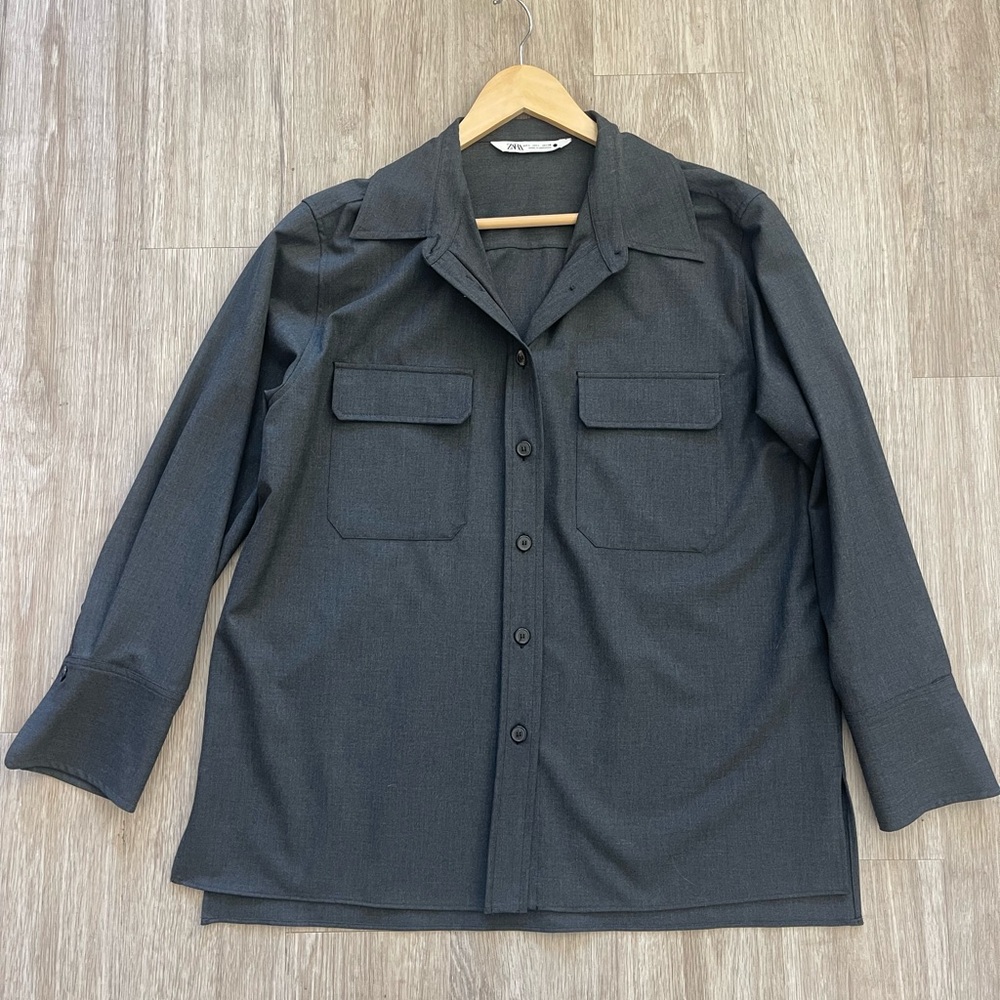 Zara Charcoal Gray Utility Button Down Shirt Size M